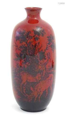 A Royal Doulton flambe woodcut vase of cylindrical form, dec...