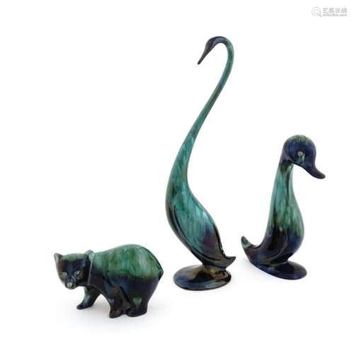 Three Blue Mountain pottery animal figures with a high fired...