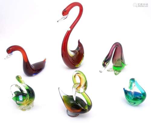 Six assorted art studio glass models of stylised birds to in...