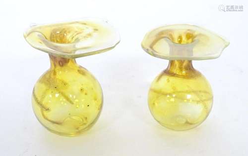 Two small Art glass vases with Vaseline style detail. Talles...