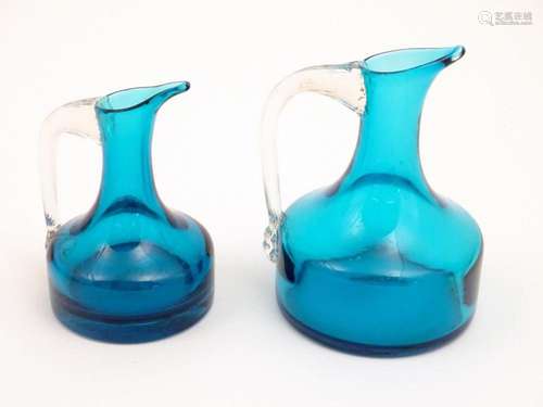 Two Whitefriars glass jugs with turquoise / kingfisher blue ...