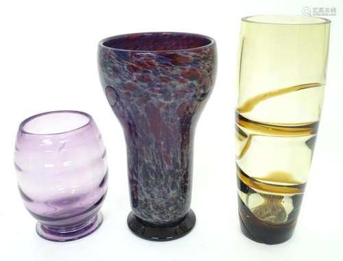 Three retro studio glass vases. The tallest Approx 10" ...