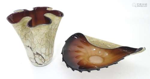 An art glass handkerchief vase together with a bowl of shell...