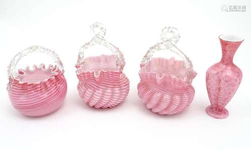 Assorted art glass to include glass baskets with pink and wh...