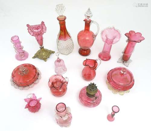 A quantity of assorted glassware to include some cranberry g...