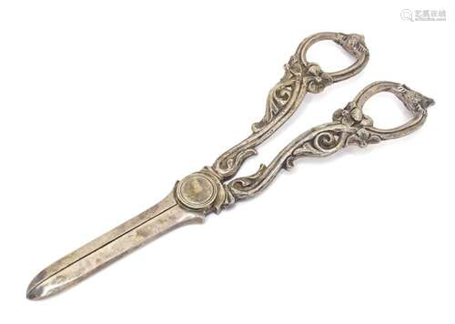 19thC silver plate grape shears with scroll decoration and r...