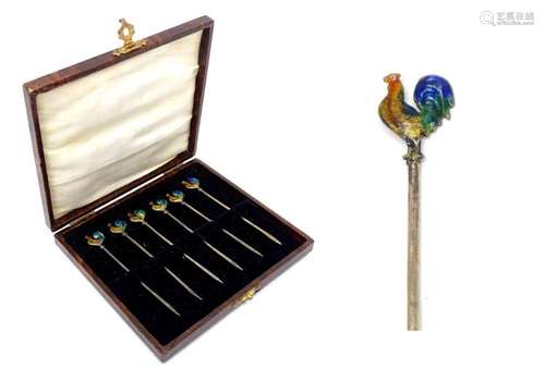 Six silver cocktail sticks with cockerel / rooster finials w...