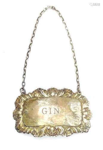 A silver plate wine / decanter label / bottle ticket for Gin...