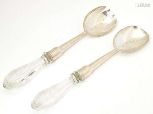 A pair of silver salad servers with cut glass handles, hallm...