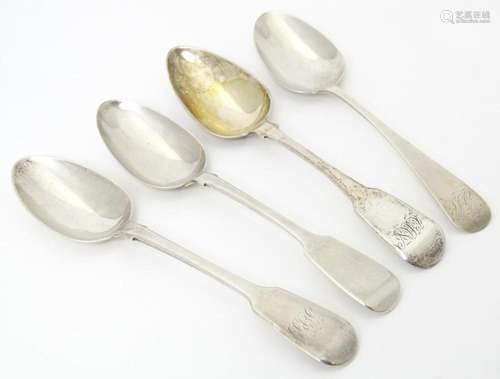 Four various 19thC silver tablespoons, three Fiddle pattern ...