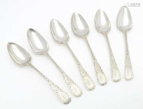 Six Geo III silver teaspoons with bright cut decoration, c. ...