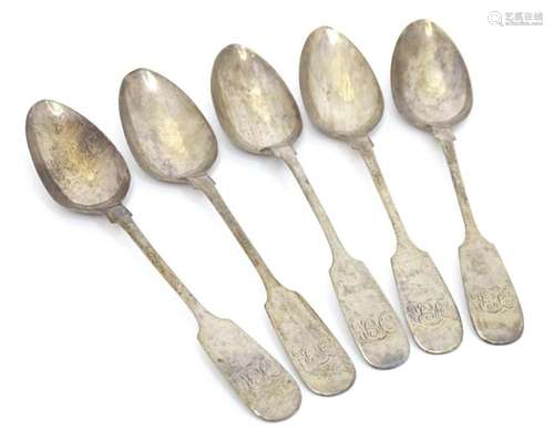 Five silver Fiddle pattern teaspoons, hallmarked Newcastle 1...