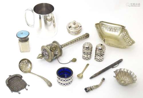 Assorted silver and silver plate items to include small purs...