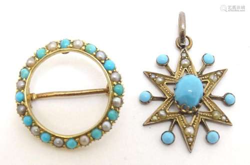 A 15ct gold brooch of circular form set with turquoise and s...