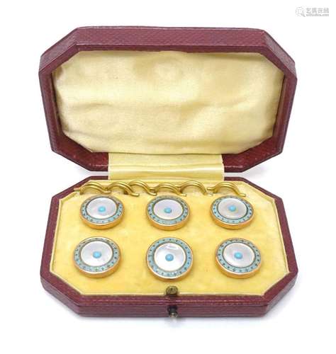 A cased set of 6 buttons/studs with mother of pearl and turq...