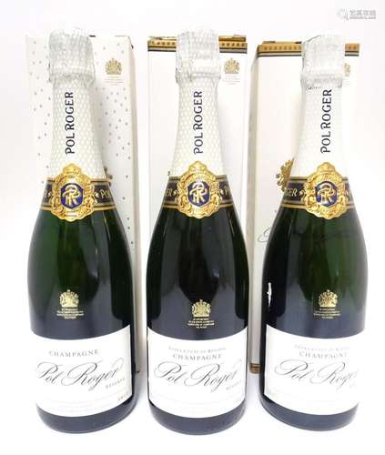 Champagne : Three 750ml bottles of champagne in gift boxes, ...