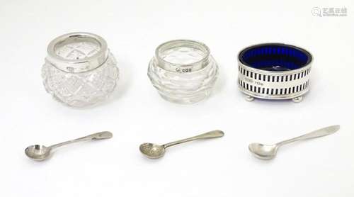 Three various salt, two of cut glass form with silver rims, ...