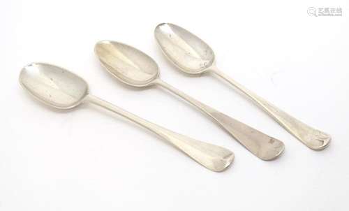 Three assorted 18thC silver teaspoons, to include a fancy ba...