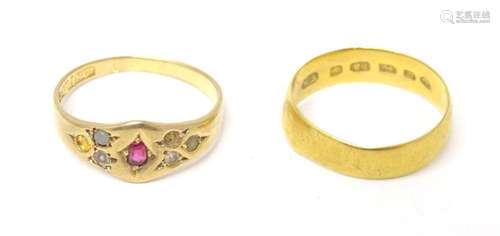 An 18ct gold ring set with ruby etc, together with a 22ct go...