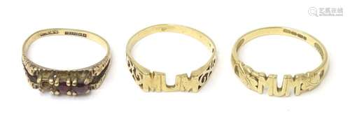 Three various 9ct gold rings. (3)