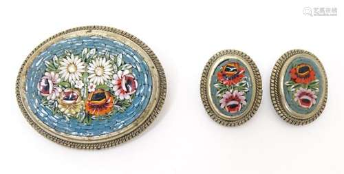 A vintage gilt metal micro mosaic brooch and matching clip o...