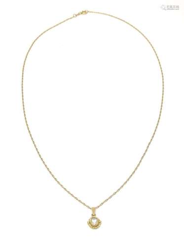 A 9ct gold necklace with pendant set with white stone. The c...