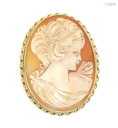 A large shell carved cameo brooch depicting a classical lady...