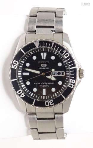 Watch : A Seiko 5 Sports automatic wristwatch, the black dia...