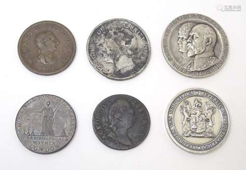 Coins / Tokens / Medallions : Six assorted to include two de...