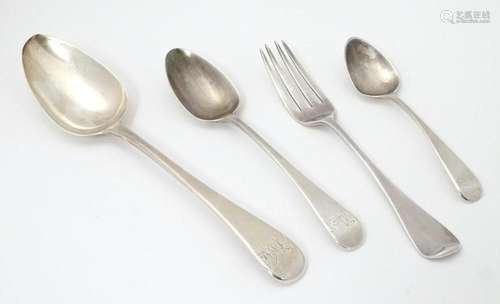 Four assorted silver spoons, to include a silver teaspoon ha...