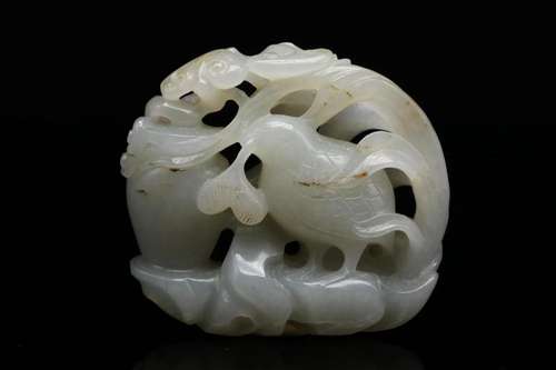 A Pale Celadon Jade Carving of 'Quail and Vase' Carv...