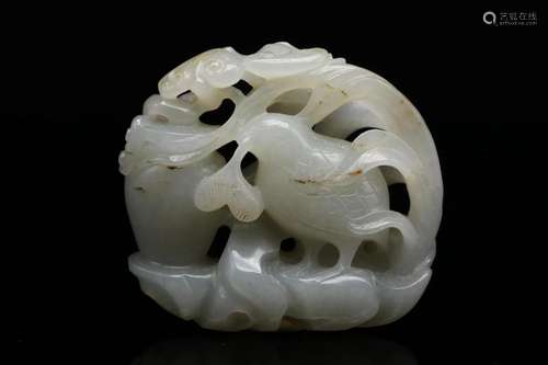 A Pale Celadon Jade Carving of 'Quail and Vase' Carv...