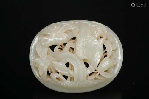 A Reticulated White Jade 'goose and lotus' Plaque, Y...