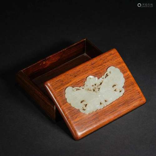 A Huanghuali Box and Cover Inset with a Pale Celadon Jade Pl...