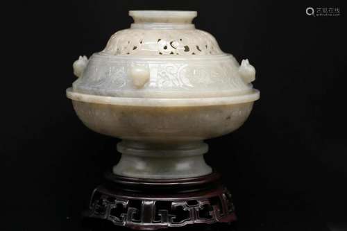 A Large Chinese Grey Jade Incense Burner And Cover, Qing Dyn...