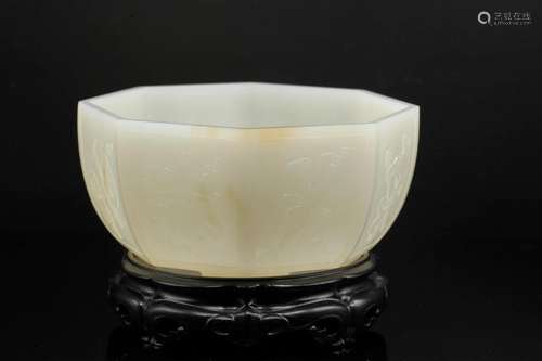 A Rare Large White Jade Octagonal Bowl with Wood Stand, Qing...