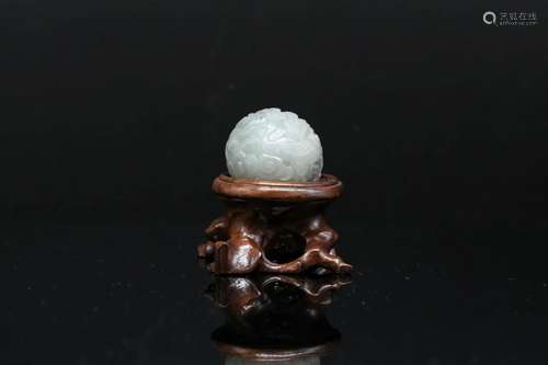 A Celadon Jade Ball With Wood Stand, Served As Incense Stick...