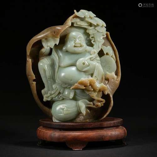 A Celadon with Russet Skin Jade Figure of Maitreya, 20th Cen...