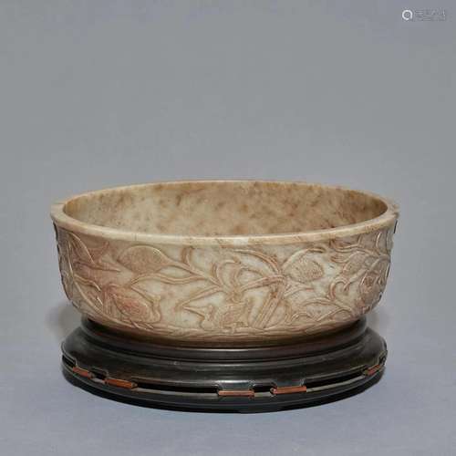 A Rare Large Inscribed Calcified Jade Brushwasher, Qing Dyna...