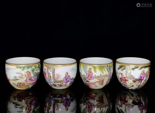 FOUR CHINESE POLYCHROME ENAMEL CUPS DEPICTING 'FOUR ARTS...