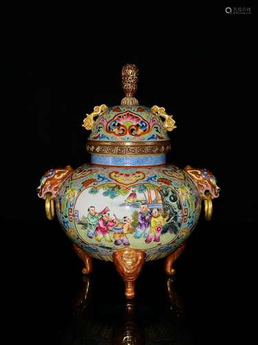 CHINESE GILDED ON POLYCHROME ENAMEL HANDLED INCENSE BURNER D...