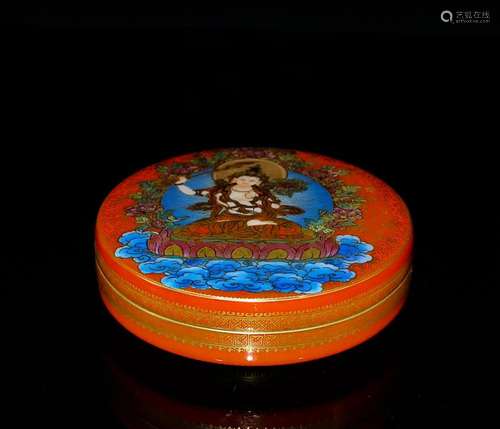 CHINESE RED-GROUND POLYCHROME ENAMEL INK-PASTE CASE DEPICTIN...