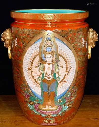 CHINESE GILDED ON POLYCHROME ENAMEL HANDLED CANISTER DEPICTI...