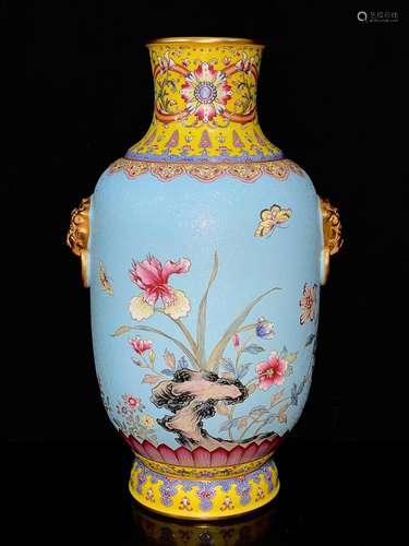 CHINESE GILDED ON BLUE-GROUND POLYCHROME LION-HANDLED BASE D...