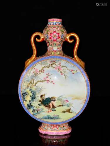 CHINESE GILDED ON POLYCHROME ENAMEL RUYI-HANDLED VASE DEPICT...