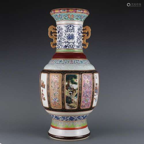 CHINESE POLYCHROME ENAMEL HANDLED VASE DEPICTING 'FIGURE...