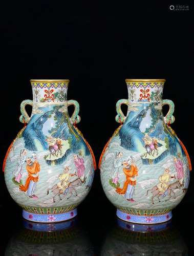 CHINESE GILDED ON POLYCHROME ENAMEL RUYI-HANDLED VASE DEPICT...