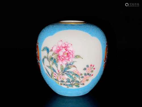 CHINESE BLUE-GROUND POLYCHROME ENAMEL JAR DEPICTIG 'FLOR...