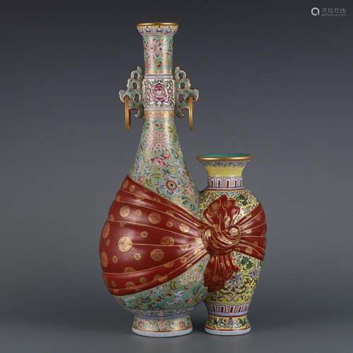 CHINESE PAINTED-ENAMEL HANDLED VASE DEPICTING 'LOTUS'...