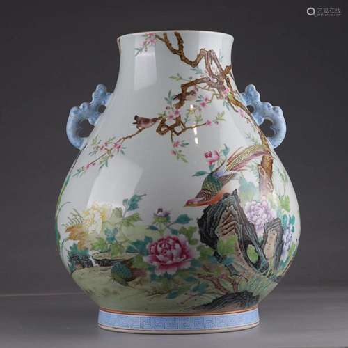 CHINESE PAINTED-ENAMEL HANDLED ZUN VASE DEPICTING 'BIRD ...